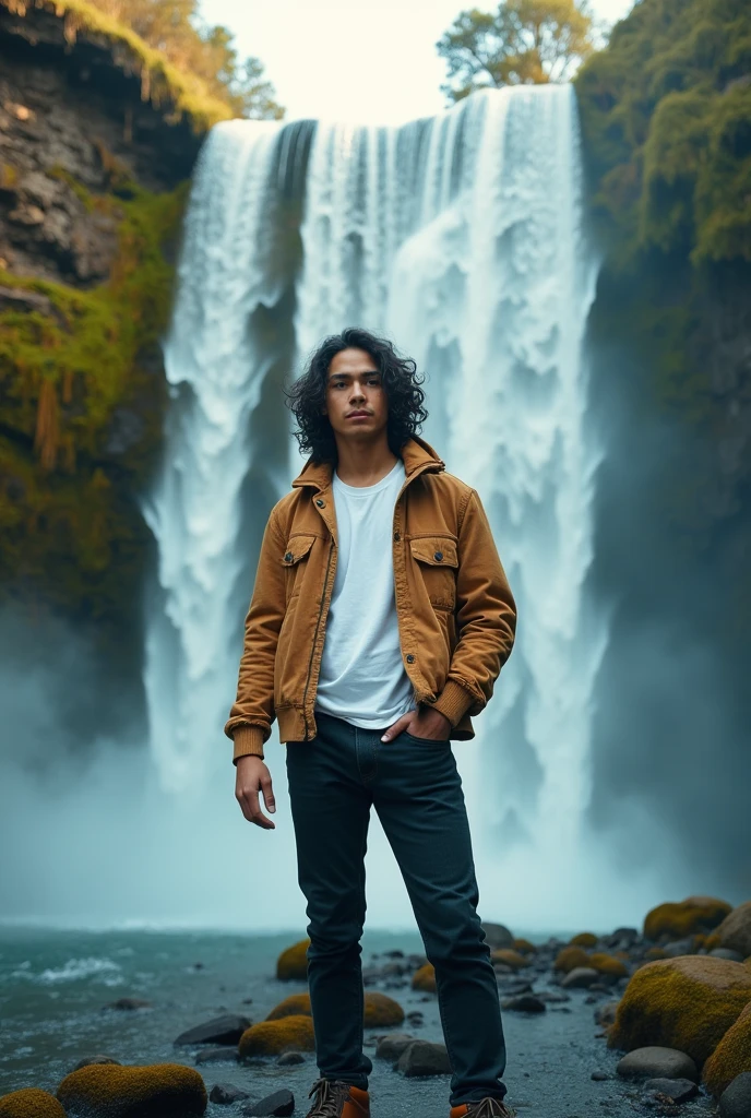 Photography of a 20 year old Asian guy with long curly hair wearing a torn blue jacket, black jeans, boots standing under a cool waterfall, a beautiful afternoon atmosphere full of color