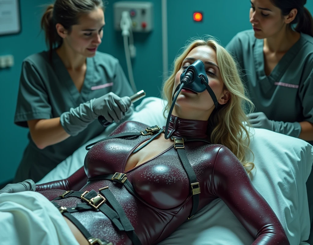 (highly detailed) Hot young tennage girl is wearing dark matte cherry winter latex suit with black elements suit is covered in sweat that reflect the light of the sun she has blond wavy hair freckles and her ass is bigger her brest is big HD real photo 8K she is fit her waist is slim she is looking very young her brest is very big she curves her ass on her waist is belt her hair is covered in snow winter she also wears tight dark cherry climbing harness around her ass she is wearin boots witu fur her face is looking very young and thin snow is lying on every part of her suit Snow is on her ass and brest she is looking young and happy she wears pilot oxygen mask that lookes like conected to pipe on her nose and mouth she is lying on a hospital bed she is in hospital building her arms are tide to a hospital bed she is straped by leather straps to hospital bed her eyes are closed Nurse is standing next to her nurse looks the same as girl. Two Nurses are using vibrator on girl body girl is wearing on her face and nose pilot oxygen mask that lookes like is conected to pipe girl is straped to hospital bed by leather straps nurse is wearing on her face and nose pilot oxygen mask that lookes like is conected to pipe girl is looking worried