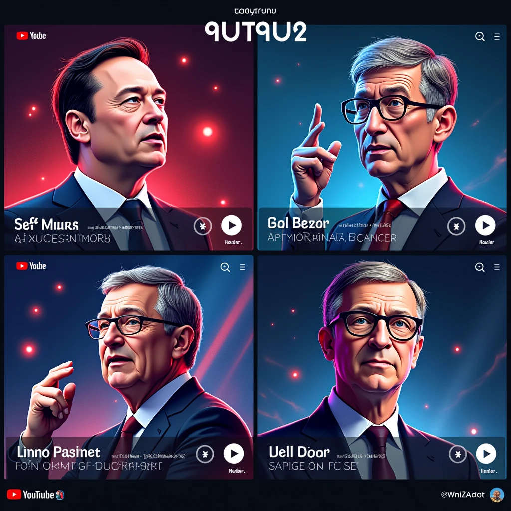 A YouTube thumbnail with the text "Today's Top News!" at the top. Below, there are four horizontal images. From left to right, there's Elon Musk with the hashtag 'The Loss of Elon Musk', Jeff Bezos with 'Jeff Bezos' Debate', Bill Gates with 'Bill Gates' Debate', Mark Zuckerberg with 'Mark Zuckerberg's Cowboys Visit', and Larry Page with 'Larry Page's Passing'. The background is dynamic and engaging.