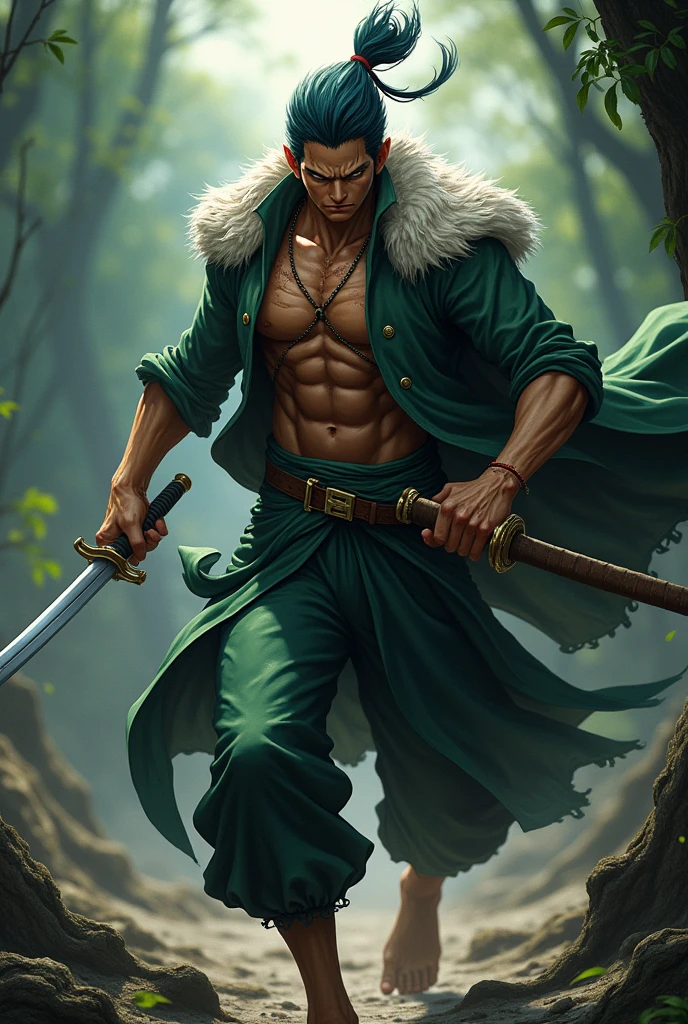 Roronoa zoro three sword style huge presence looking like predator hunting 