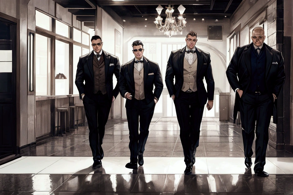5 male walking, group walk, look at you, background on bar, 3 males are detectives, 2 males are businessman, perspective 