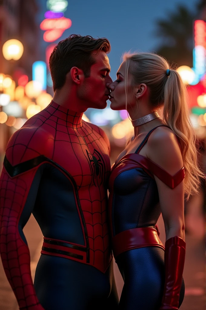 a muscular Spider-Man kiss with supergirl in the festival in night and background Harley Quinn stand and react shocked make the image cinematic