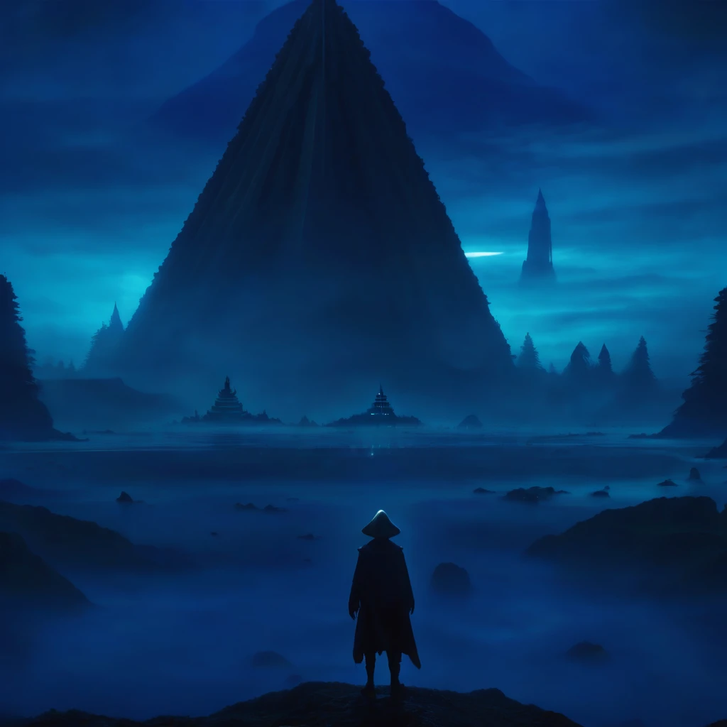 There is a blurred image of a person standing in the water, alien forest in the background, The background is hazy, an ice volcano, tsunami behind him, mysterious temple scene, Bright temple in the distance, alien castle in the background, stardestroyer in the background, mushroom cloud in the background, ( ( misty atmosphere ) ), random background scene, Giant ghost above the horizon