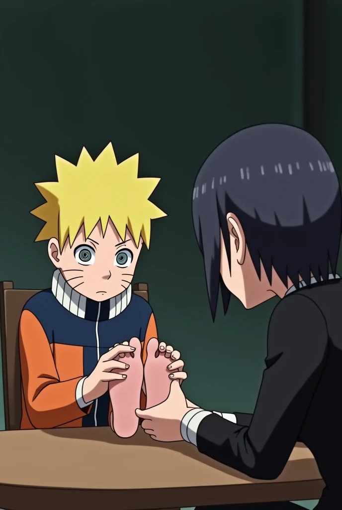 An animation with Naruto as a . The scene is hypnotic. Naruto hypnotized to show his bare feet. Naruto sitting at a table. Naruto has spirals in his eyes due to hypnosis. Naruto sitting on a table with his feet in the hands of the hypnotist. The hypnotist in front of the table next to Naruto's feet. The hypnotist holding Naruto's ankles. Naruto at the hypnotist's disposal. Let the hypnosis be seen in the image with the spirals in Naruto's eyes. Let the hypnotist be a random person. The hypnotist should be shown licking Naruto's feet in front of the table. Naruto totally under the control of the hypnotist. Naruto sleepy from hypnosis. The hypnotist with Naruto's feet on his lap. Naruto doesn't care what they do with his feet.