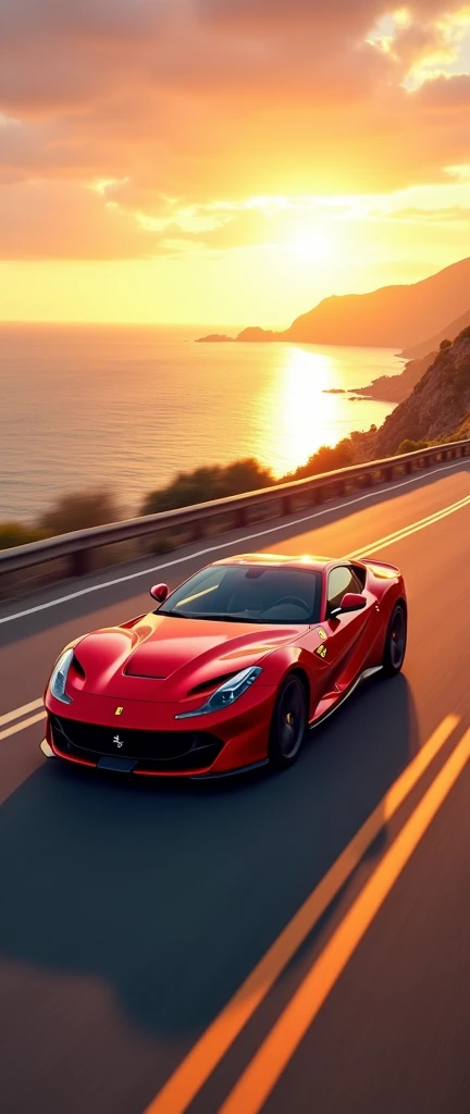Hd quality Ferrari 812 GTS superfast car red colour racing on highway beach in sunset in best view in road angle