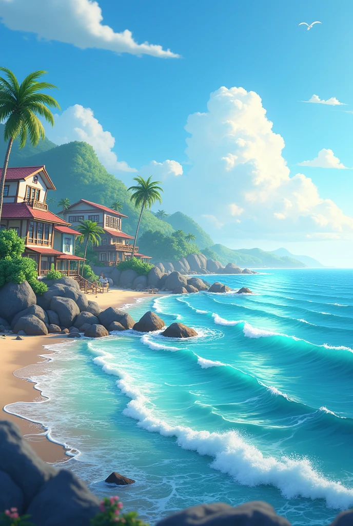 Draw a animated scene where It's early morning in a small coastal town. The morning light is shining on the waves of the sea.