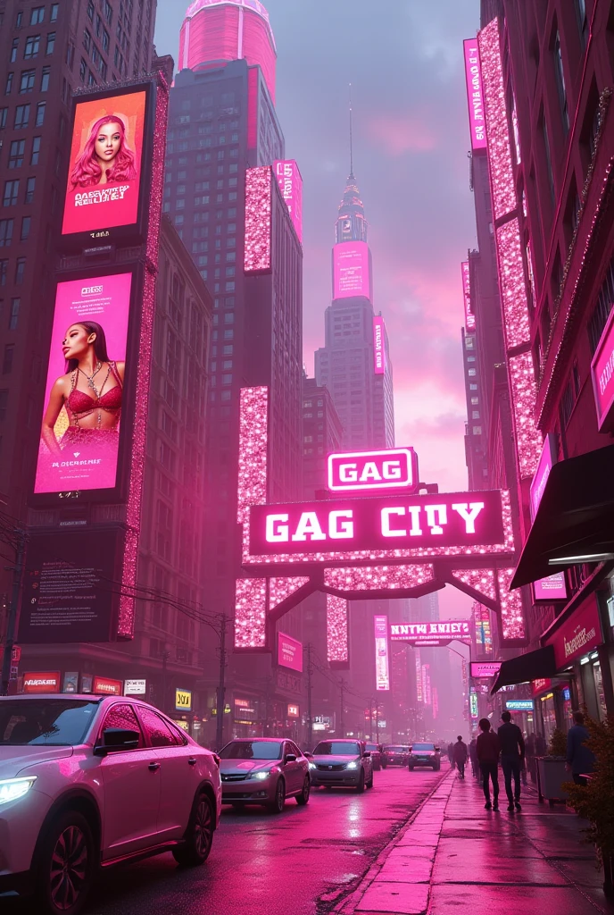 A completely pink city with many posters that say September 13th and Nicki Minaj, and on the screen it should say Gag City Reloaded with giant diamonds. Wit Nicki minaj’s poster