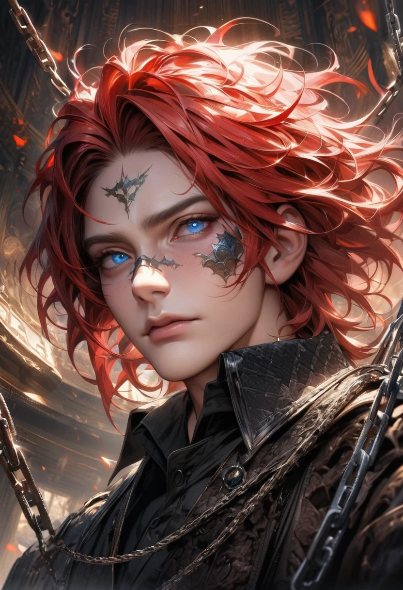 absurdres, highres, ultra detailed, HDR, master piece, best quality, extremely detailed face and eyes, perfect face, realistic face, beautiful eyes, Arthur Leywin, red hair, expressive blue eyes,Tbate, black jacket, black shirt, patterns, solo, man, handsome, chains