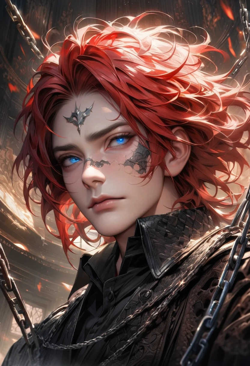 absurdres, highres, ultra detailed, HDR, master piece, best quality, extremely detailed face and eyes, perfect face, realistic face, beautiful eyes, Arthur Leywin, red hair, expressive blue eyes,Tbate, black jacket, black shirt, patterns, solo, man, handsome, chains