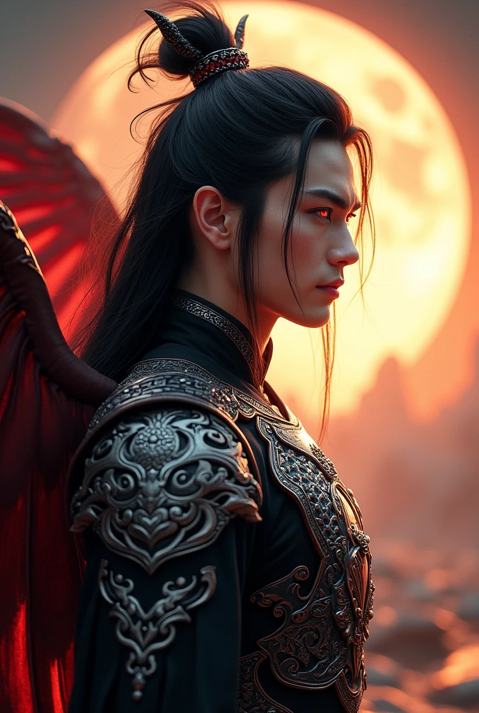 Handsome young xianxia protagonist,alpha male face,handsome, otherworldly beauty,perfect proportion face,no light interfention,turn right face perspective ,man,guy,long black obsidian hair,black red phoenix tail, use floating phoenix crown,Crimson red eyes ,eyes focus detailed((no noice)),(((no noice))),and long black hair ,(no noice)),use armour featuring like pattern on taotie chinese divine beast((search image for taotie chinese beastiary))with black dominant color,pauldron protective shape like dragon head,breastplate featuring like Tao tie,breastplate detailed featuring taotie shape,shoulder protective dragon shape like taotie,sun and moon background, black dominant color,black dominant color, black dominant color armour,with majestic silver line , ((no noice))And demonic red wings at back,wings at back,terrifying aura around,24K ultra hd,face and eyes detail,lips and face detail,masterpiece ,better quality,ultraa realistic face((no noice)),good face proportion,non noice face,reality face,eyes detailed,((perfect face)),perfect eyes ,perfect lips proportion((balance lips)),perfect face proportion,((balance proportion of face)),((balance and perfect left and right eyes proportion)),((masterpiece))