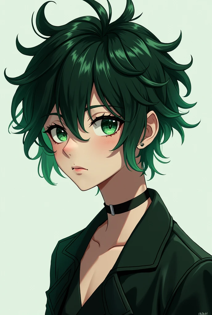 Female anime boy with short hair green and black locks of hair rough and wild