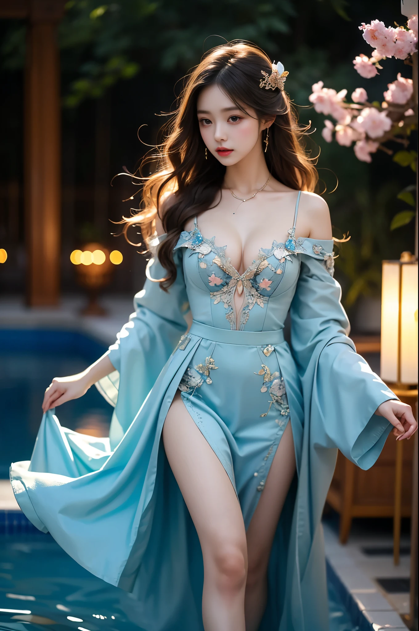 Beautiful dance, She gently lifted her skirt with one hand, Long legs , In the swimming pool, ((Flowing long hair))Official Art , Unity8k Wallpaper , Extremely detailed , Visible cleavage, Pretty and beautiful , 性感Long legs, masterpiece , best quality ,Practical, Very detailed illustrations ,Extremely detailed , Intricate details , Extremely complex and detailed , Very detailed 8KCG wallpaper , Caustics .reflection , Ray Tracing , Devil theme ,nebula ,Dark aura, Network Effects , (1 girl)solitary , 小蓝Butterfly , There are dozens of monarch butterflies around , (Blue plasma flame , (insect , Butterfly)) Pastel tones in Rococo style ,Light white and light dark red , Incredibly beautiful , Cherry blossoms , Surrealism ,painting , Ethereal , Mixing reality and fantasy elements ,Ray Tracing , Complex Mode , Exquisite lines , Perfect your hands, Starry Sky , rich and colorful , Star