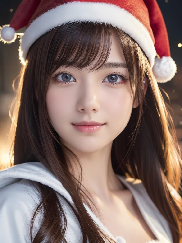 Beautiful attention to detail,Droopy eyes,Beautiful lip detail, Very detailed目と顔, Long eyelashes, A Scandinavian Girl, Fantasy Characters, (Santa Claus Costume:1.25),smile,short hair,Very detailed, Dramatic lighting, Luminous effect, haze, Intricate details, Volumetric lighting, Structure of the film, Ultra-realistic, 8k, Highest quality, masterpiece, Realistic,High-resolution correction,Snowy night town