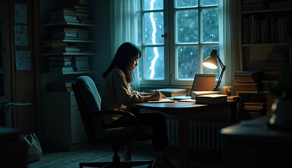 A side view photo of a young and beautiful Korean woman sitting in a comfortable chair close to her study table in an old, dark room. The woman is facing away from the camera and is studying. The room has a wooden floor and is filled with various items, including a table, a study lamp, a laptop, a mobile phone, and books kept on a table. A window in the room is illuminated by a lightning strike, revealing raindrops hitting the glass. The overall atmosphere of the photo is eerie and mysterious.