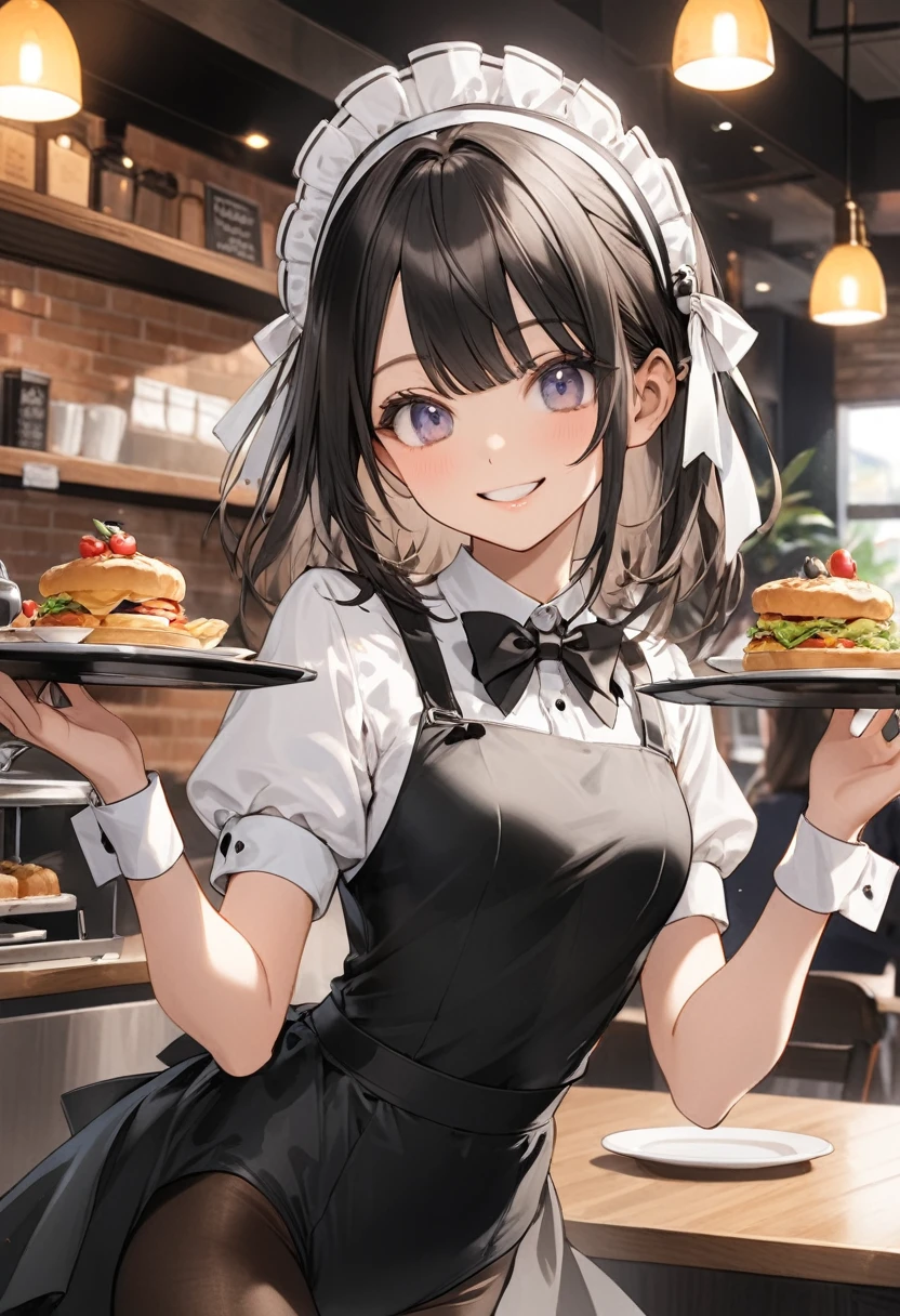 1 girl,,smile,black leotard, black pantyhose, bowtie,wrist cuffs,white headdress,holding a Tray for serving food,cafe