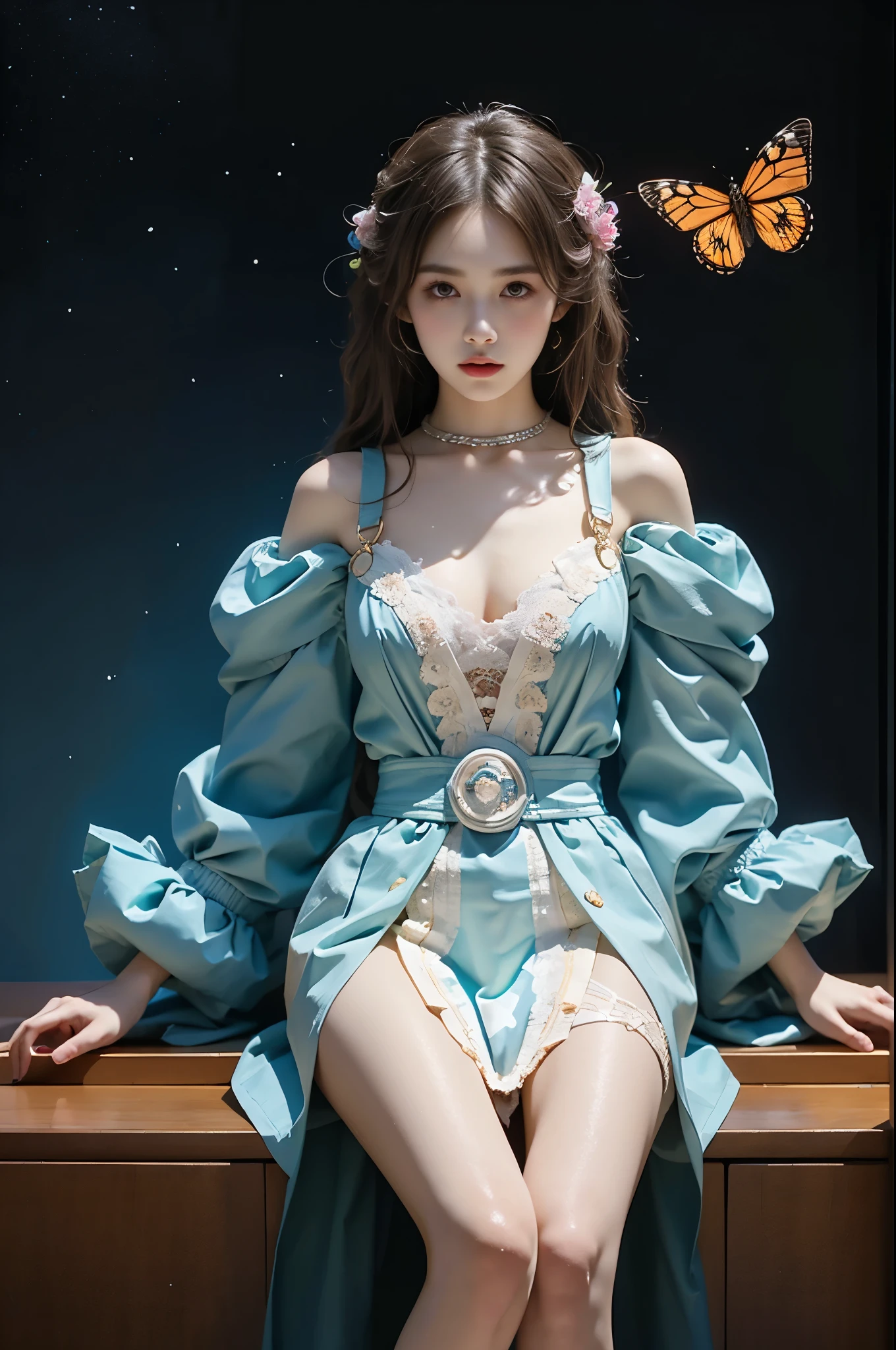 Beautiful dance, She gently lifted her skirt with one hand, Long legs , In the swimming pool, ((Flowing long hair))Official Art , Unity8k Wallpaper , Extremely detailed , Visible cleavage, Pretty and beautiful , 性感Long legs, masterpiece , best quality ,Practical, Very detailed illustrations ,Extremely detailed , Intricate details , Extremely complex and detailed , Very detailed 8KCG wallpaper , Caustics .reflection , Ray Tracing , Devil theme ,nebula ,Dark aura, Network Effects , (1 girl)solitary , 小蓝Butterfly , There are dozens of monarch butterflies around , (Blue plasma flame , (insect , Butterfly)) Pastel tones in Rococo style ,Light white and light dark red , Incredibly beautiful , Cherry blossoms , Surrealism ,painting , Ethereal , Mixing reality and fantasy elements ,Ray Tracing , Complex Mode , Exquisite lines , Perfect your hands, Starry Sky , rich and colorful , Star