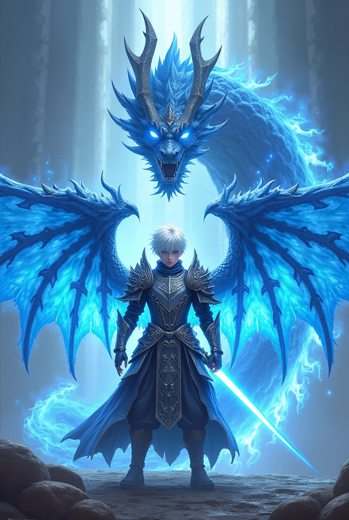 Short white haired warrior with blue eyes and silver samurai armor with powerful wings created from divine blue fire and a blue fire sword surrounded by a blue fire dragon with white eyes 