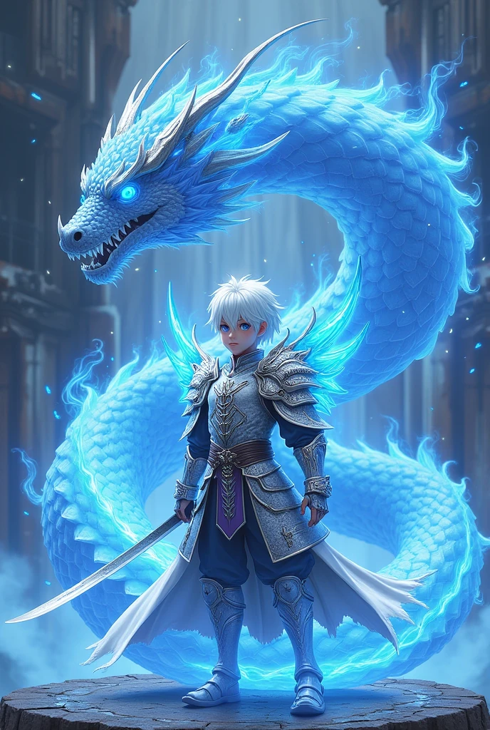 Short white haired warrior with blue eyes and silver samurai armor with powerful wings created from divine blue fire and a blue fire sword surrounded by a blue fire dragon with white eyes