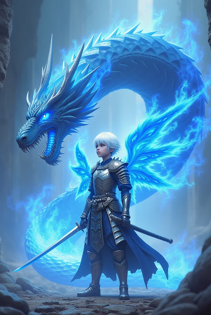 Short white haired warrior with blue eyes and silver samurai armor with powerful wings created from divine blue fire and a blue fire sword surrounded by a blue fire dragon with white eyes