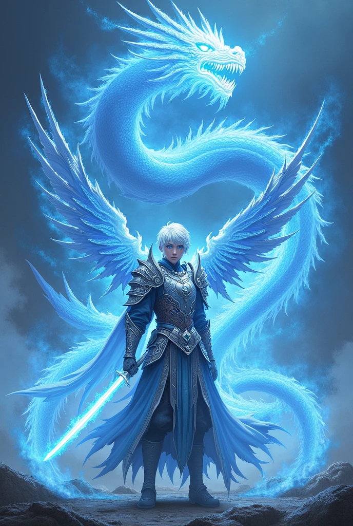 Short white haired warrior with blue eyes and silver samurai armor with powerful wings created from divine blue fire and a blue fire sword surrounded by a blue fire dragon with white eyes