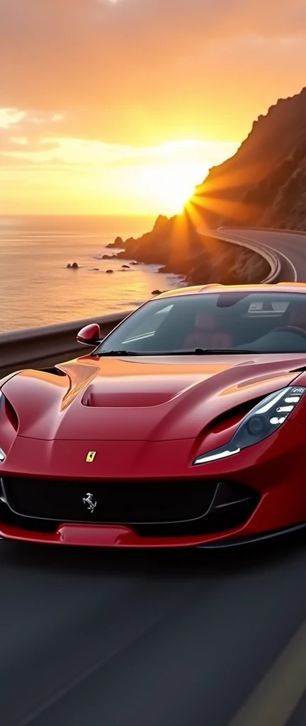 Hd quality Ferrari 812 GTS superfast car red colour racing on highway beach in sunset in best view in road angle 