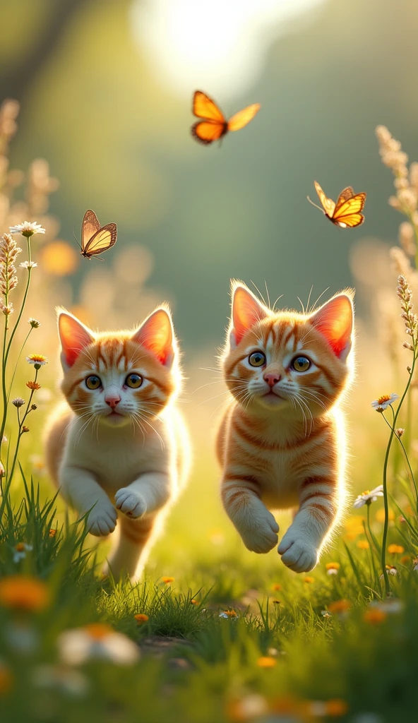 The two cats chasing butterflies in a sunny meadow, surrounded by tall grass and wildflowers.