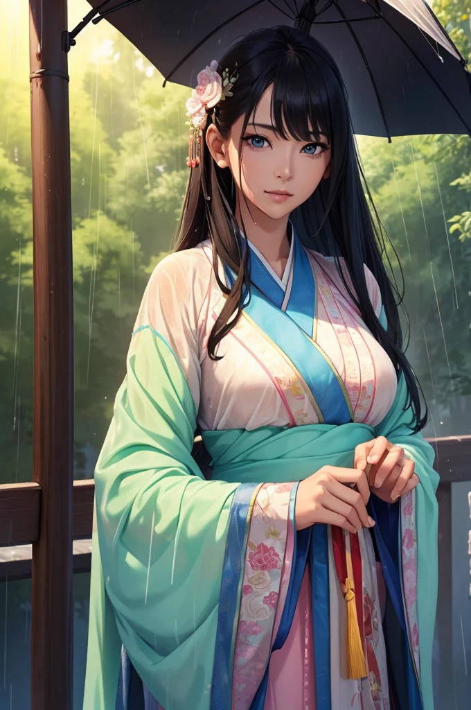 Heavy rain background、In the storm、in the forest、Walking in the river、On the run、In the fog、war (Highest quality,4K,8k,High resolution,masterpiece:1.2), Very detailed, (Realistic,Realistic,Realistic:1.3), High resolution, Hyper HD, Studio Lighting, Ultra-fine painting, Sharp focus, Physically Based Rendering, Very detailed説明, Professional, Vibrant colors, Bokeh, Sports Late Night, Ancient War Landscapes, Traditional Chinese Painting Techniques, Atmospheric lighting, Vivid color contrast, Ethereal atmosphere,Very detailed目と顔, Beautiful attention to detail, Light on the face,白いHanfu (Hanfu: 1.1),My whole body is wet、My clothes are wet and transparent、Nipples are visible、The nipples are pale pink、Rain clouds spreading across the sky、Heavy rain weather、Pouring rain、Wind and rain storm、((Soaked skin from head to toe))、((Rain-soaked clothes(Rain dripping from clothes))、((The lines of your body are clearly visible through your wet clothes...))、、(Green Eyes: 1.1)、Eyes are green、Slim figure、Small breasts、Sexy pose