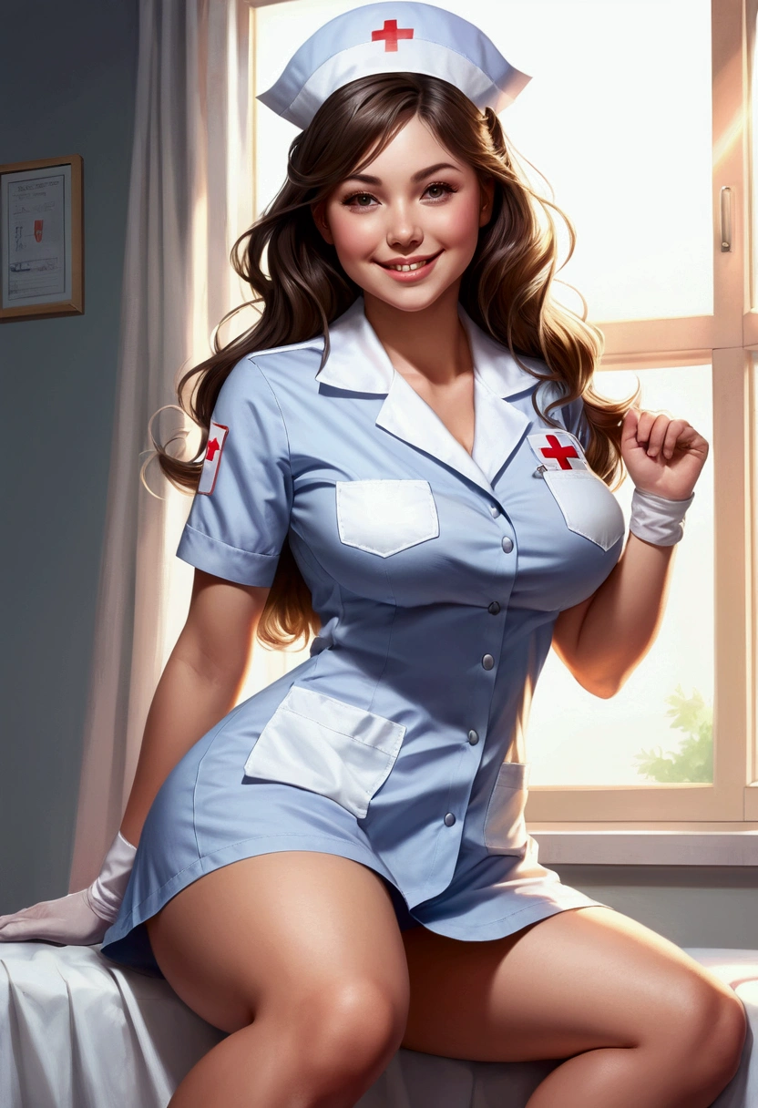 ((masterpiece)),(((Best Quality))),((sketch)),((vulgar)),thick thighs,Beautiful girl,((between breasts)),(((wearing sexual nurse uniform))),smile, (((opening legs)))