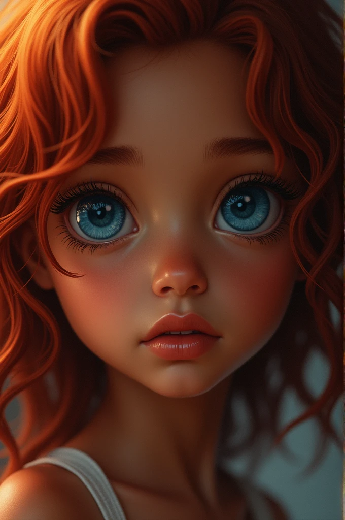 a dark-skinned girl with big blue eyes and naturally red hair.
