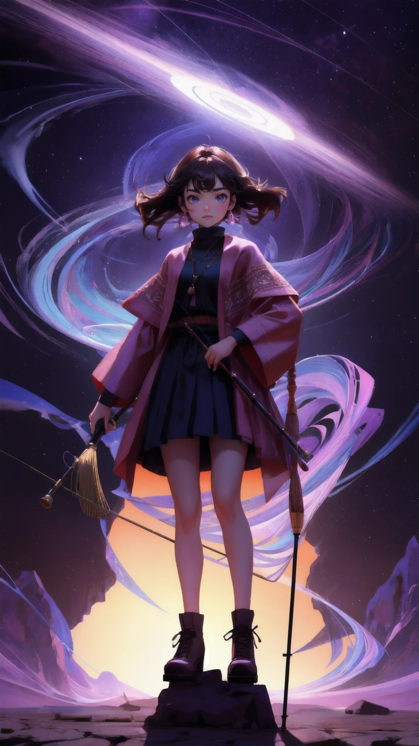 Create an image of a cute, strong girl character standing in place of the muscular rug character, holding a fishing rod. She is helping someone out of a deep pit with a swirling purple vortex at the bottom. The ground is cracked and dry, and the background should be a rich brown, emphasizing the theme 'Rug-Pull-Proof' with a playful yet determined atmosphere.