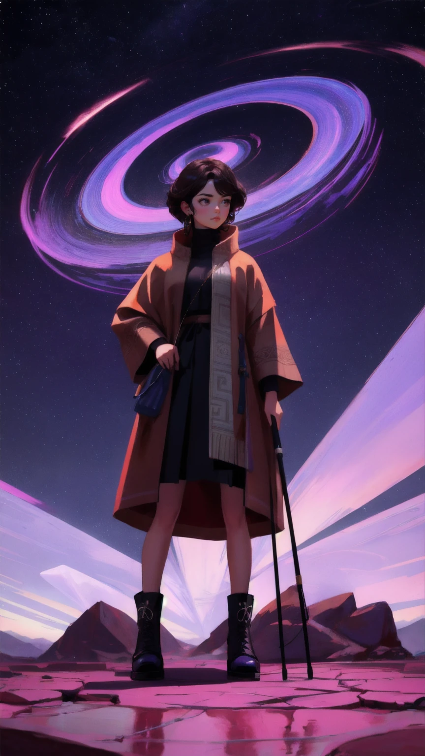 Create an image of a cute, strong girl character standing in place of the muscular rug character, holding a fishing rod. She is helping someone out of a deep pit with a swirling purple vortex at the bottom. The ground is cracked and dry, and the background should be a rich brown, emphasizing the theme 'Rug-Pull-Proof' with a playful yet determined atmosphere.