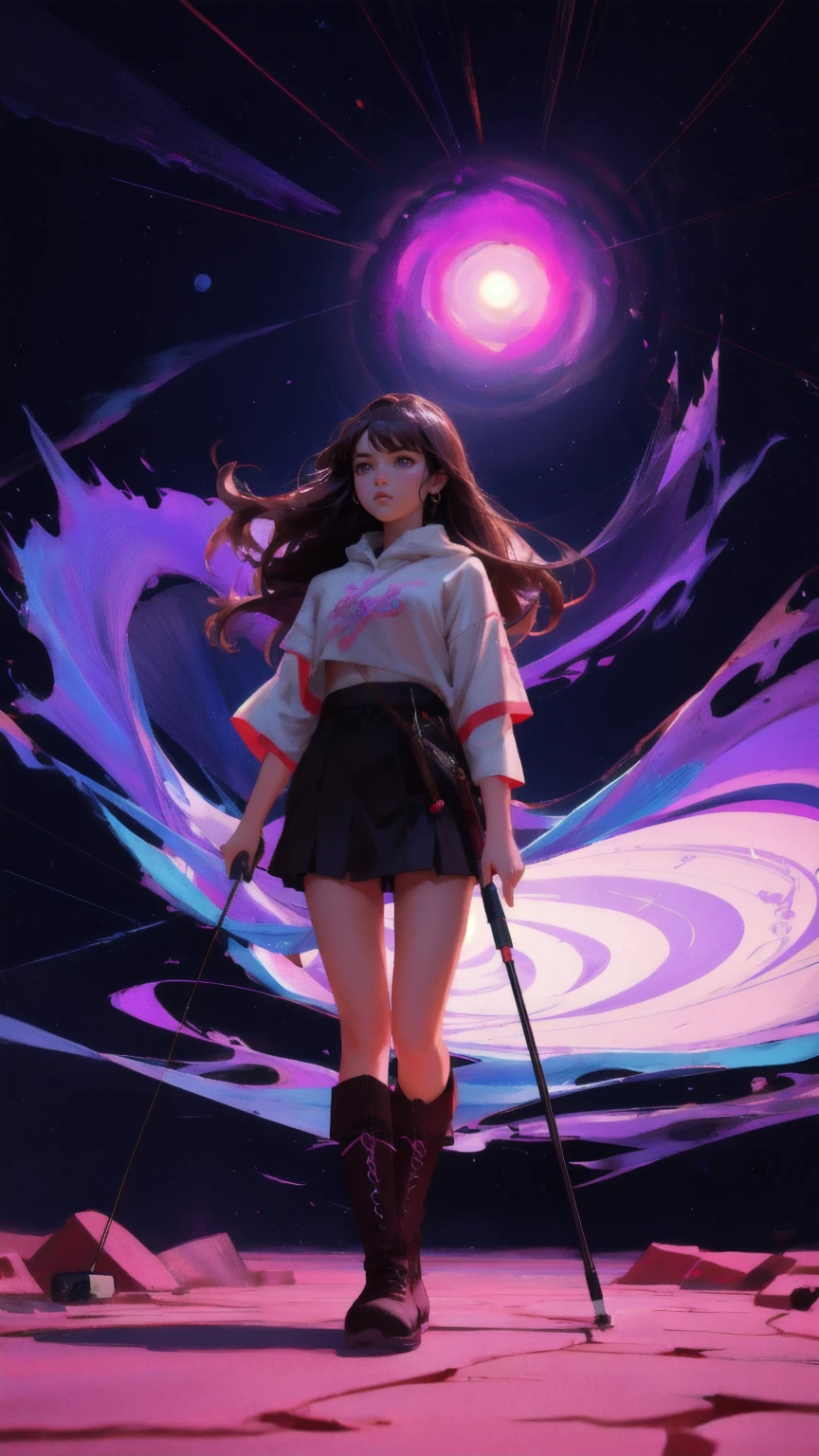 Create an image of a cute, strong girl character standing in place of the muscular rug character, holding a fishing rod. She is helping someone out of a deep pit with a swirling purple vortex at the bottom. The ground is cracked and dry, and the background should be a rich brown, emphasizing the theme 'Rug-Pull-Proof' with a playful yet determined atmosphere.