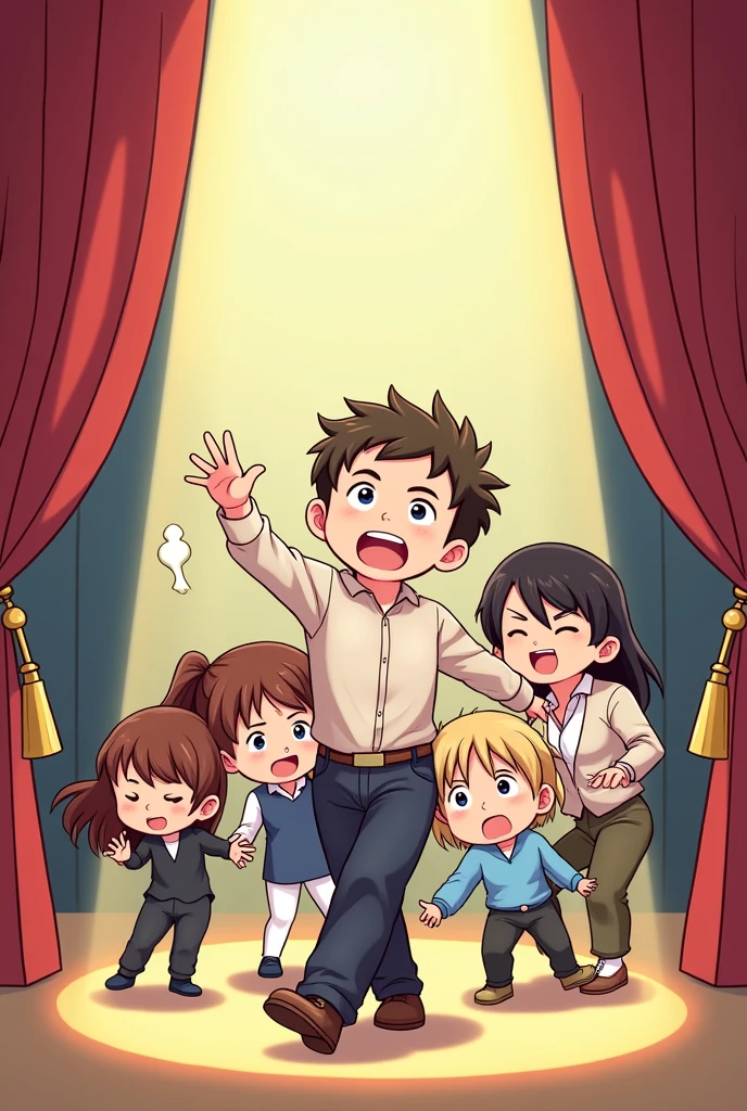 a group of people performing theatical, in chibi anime style full body