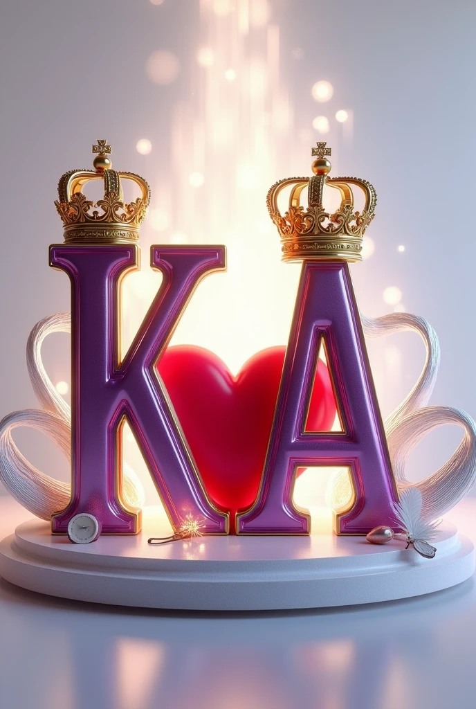 A 3d render of the two capital letters "K" and "A" in a purple and gold metallic font with golden British crowns above both letters and a white feather and butterfly, with a light shine behind the word, and a silver swirl underneath. A red heart between both letters, The background is a light gray.