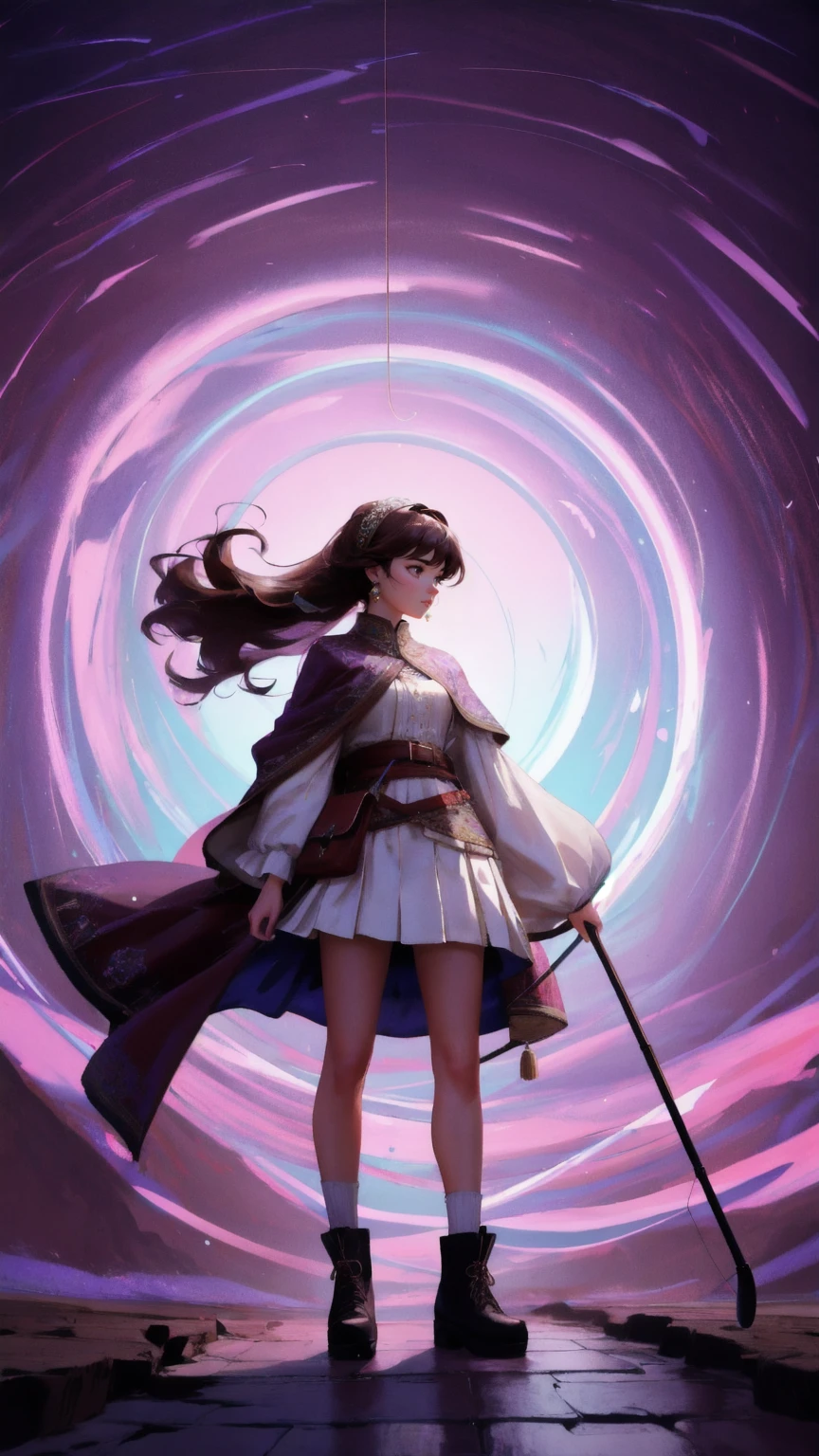 Generate an image of a cute, strong girl character standing in place of the muscular carpet character, holding a fishing rod labeled 'Rug-Pull-Proof.' She is helping someone climb out of a deep pit with a swirling purple vortex at the bottom. The ground is cracked and dry, with the background in a rich brown color, emphasizing the 'Rug-Pull-Proof Carpet' theme