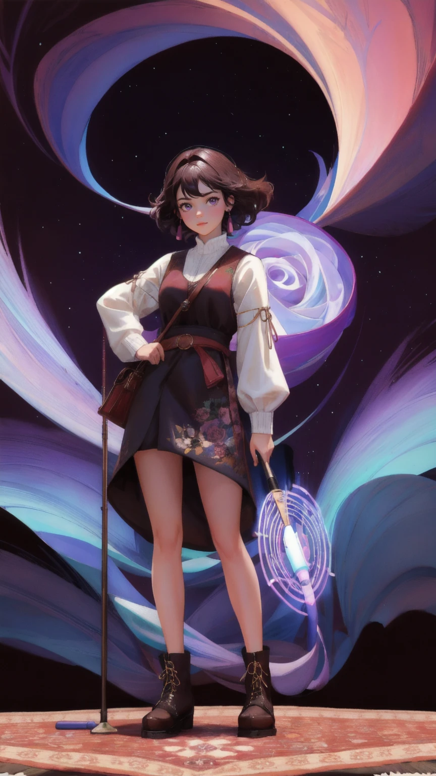 Generate an image of a cute, strong girl character standing in place of the muscular carpet character, holding a fishing rod labeled 'Rug-Pull-Proof.' She is helping someone climb out of a deep pit with a swirling purple vortex at the bottom. The ground is cracked and dry, with the background in a rich brown color, emphasizing the 'Rug-Pull-Proof Carpet' theme