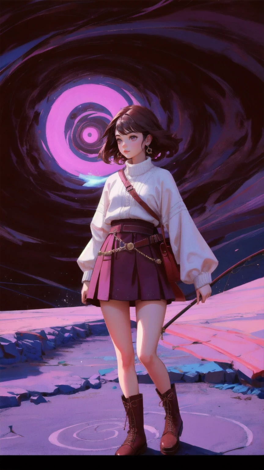 Generate an image of a cute, strong girl character standing in place of the muscular carpet character, holding a fishing rod labeled 'Rug-Pull-Proof.' She is helping someone climb out of a deep pit with a swirling purple vortex at the bottom. The ground is cracked and dry, with the background in a rich brown color, emphasizing the 'Rug-Pull-Proof Carpet' theme