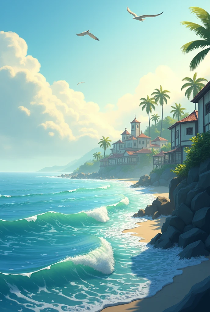Draw a animated scene where It's early morning in a small coastal town. The morning light is shining on the waves of the sea.