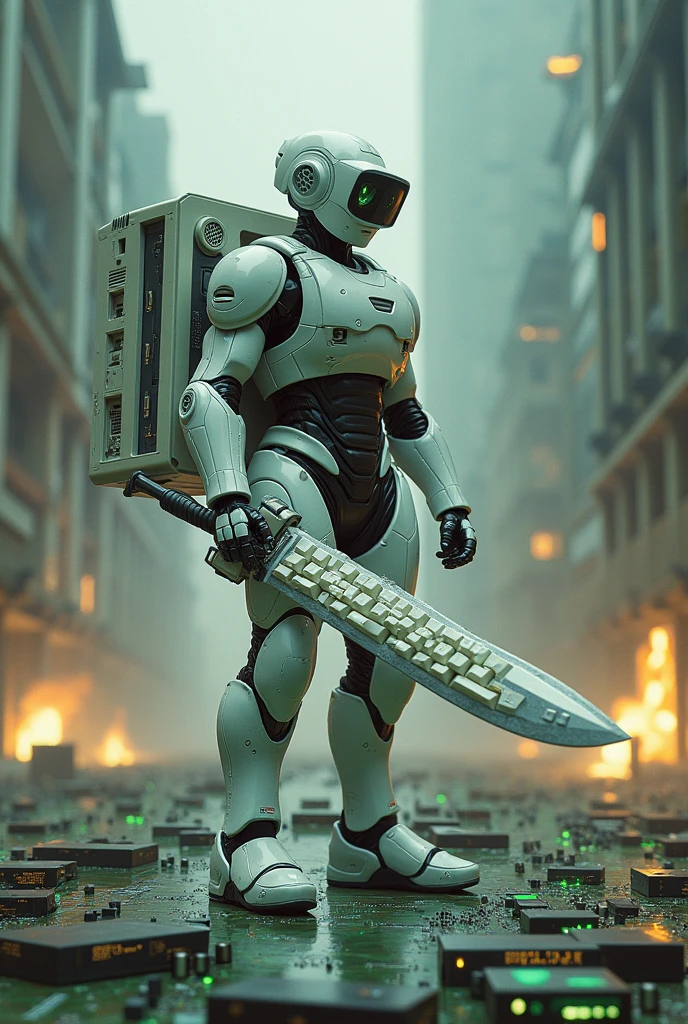 Man wear cyberpunk robocop armor suit white keyboard PC concept. Long mechanize Sword from classic white keyboard. Keyboard pad design as sword. Binoculars eyes . Holding keyboard sword. War background. Bombing effect background. Backpack PC keyboard. Standing on the motherboard green circuit.. city motherboard background.