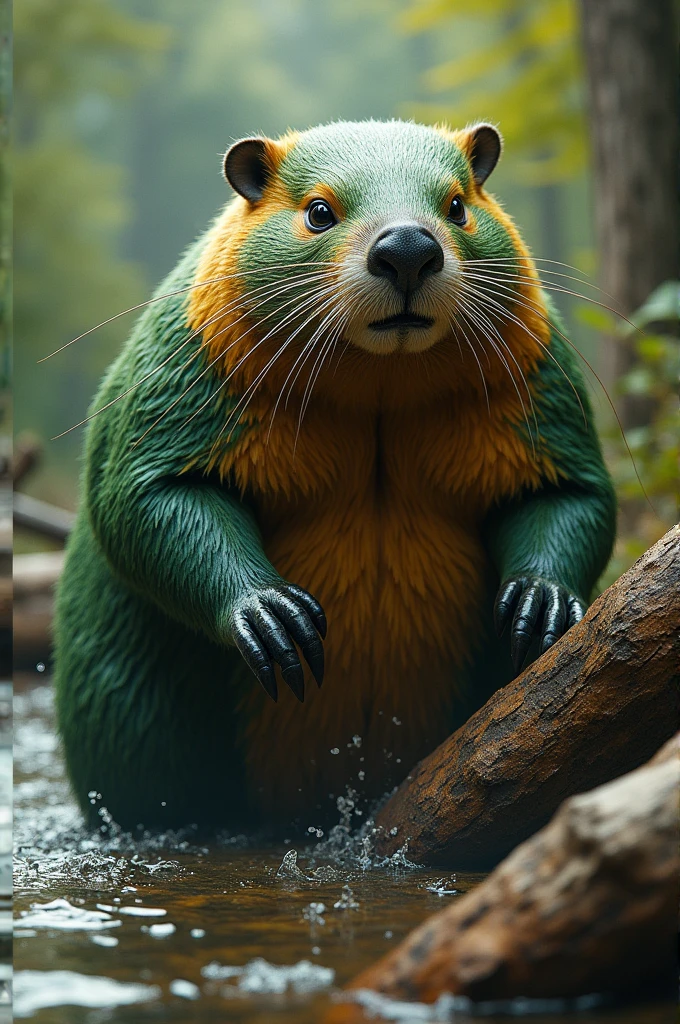 Ultra-resilient image of a green and gold beaver