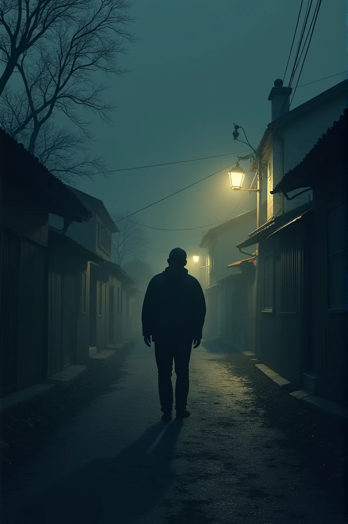 A man walks at night in a dark and quiet village, there is only a dim lamp, the image is seen from the front