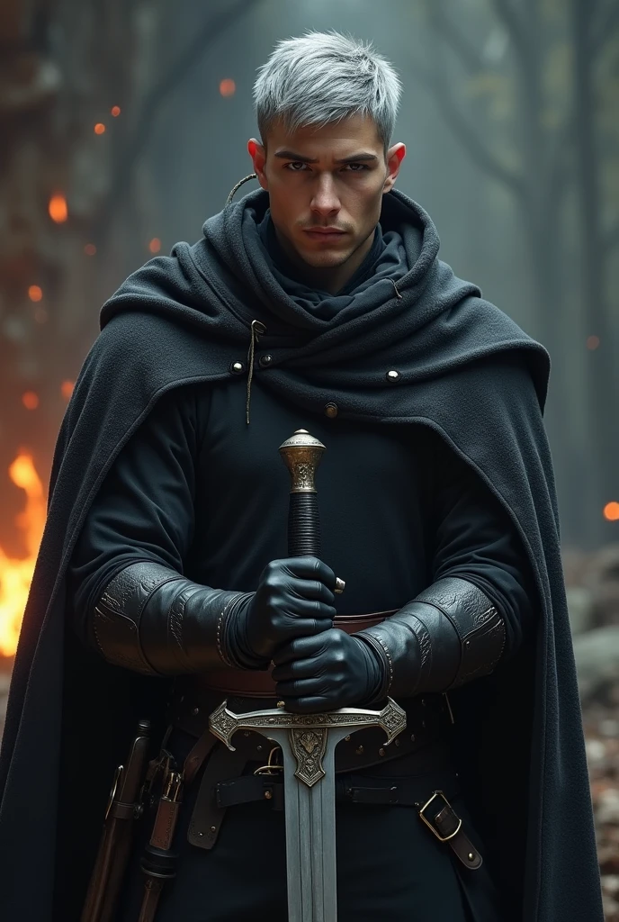 Short grey hair、Red Eyes、A fearless face、Black clothing with leather hood、Wearing gloves、Holding a medieval sword、One caucasican male Swordsman、25 year、combat style