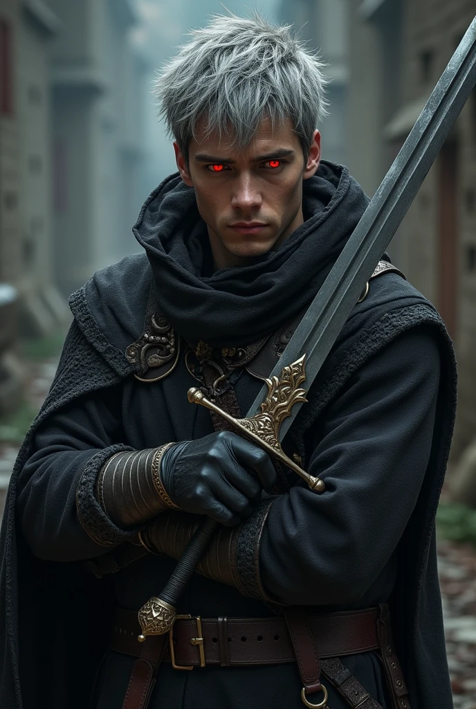 Short grey hair、Red Eyes、A fearless face、Black clothing with leather hood、Wearing gloves、Holding a medieval sword、One caucasican male Swordsman、25 year、combat style