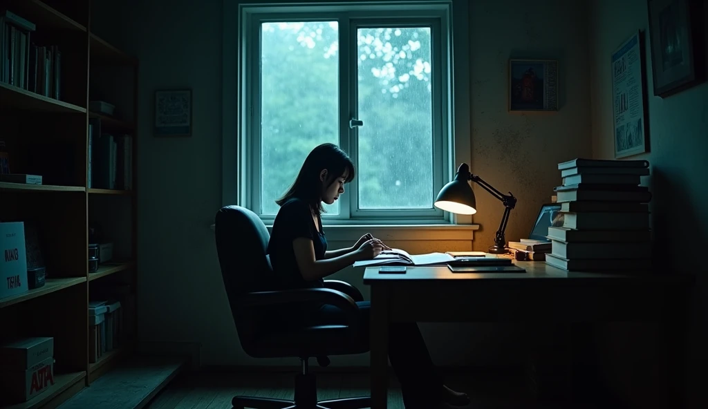 A side view photo of a young and beautiful Korean woman sitting in a comfortable chair close to her study table in an old, dark room. The woman is facing away from the camera and is studying. The room has a wooden floor and is filled with various items, including a table, a study lamp, a laptop, a mobile phone, and books kept on a table. A window in the room is illuminated by a lightning strike, revealing raindrops hitting the glass. The overall atmosphere of the photo is eerie and mysterious.