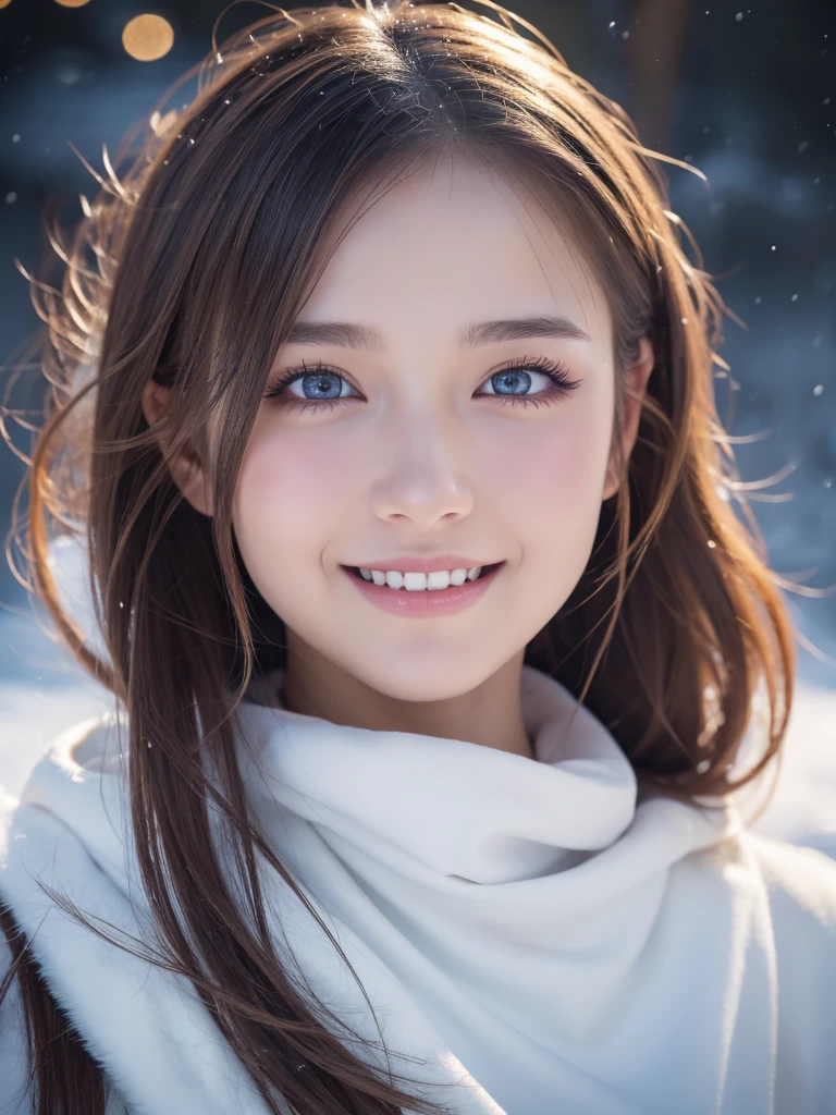 A beautiful detailed face of a 1 girl Nordic fantasy character, with detailed eyes, downcast eyes, beautiful detailed lips, extremely detailed eyes and face, long eyelashes, wearing a Santa Claus costume, smiling, short hair, extremely detailed, dramatic lighting, glowing effects, mist, complex details, volumetric lighting, cinematic composition, hyper realistic, 8K, best quality, masterpiece, photorealistic, high resolution detail, snowy night town