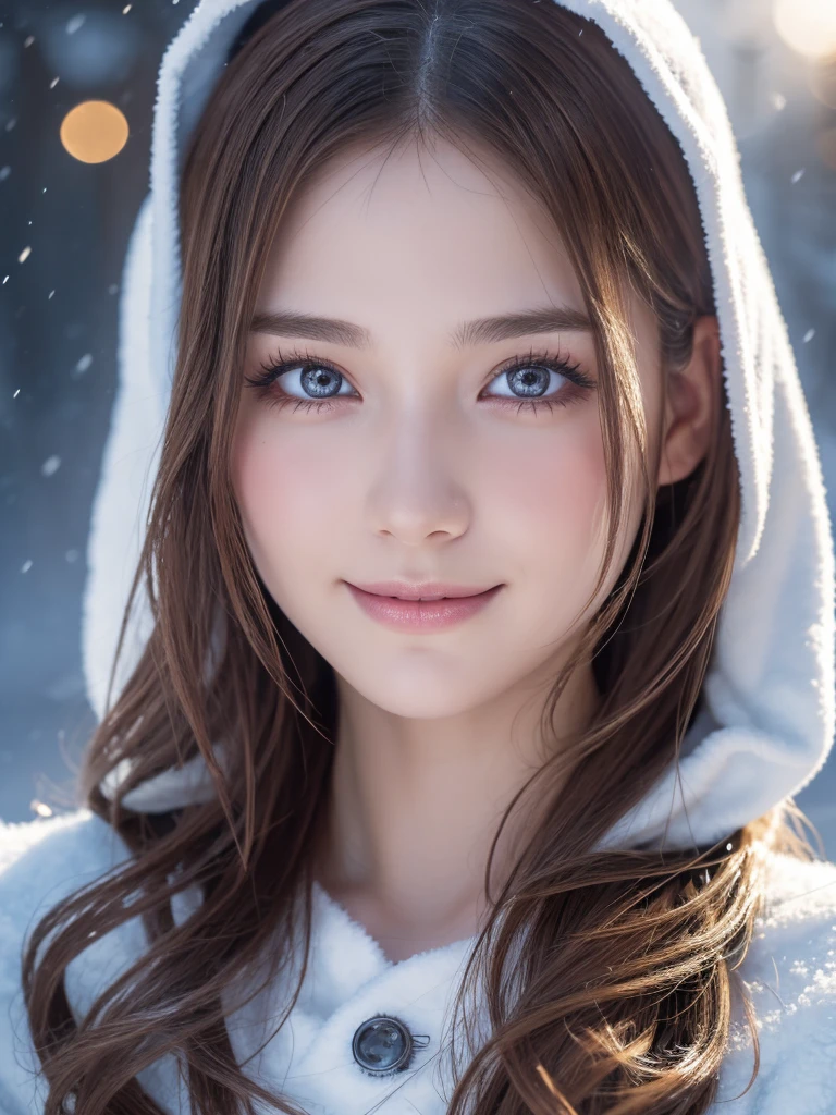A beautiful detailed face of a 1 girl Nordic fantasy character, with detailed eyes, downcast eyes, beautiful detailed lips, extremely detailed eyes and face, long eyelashes, wearing a Santa Claus costume, smiling, short hair, extremely detailed, dramatic lighting, glowing effects, mist, complex details, volumetric lighting, cinematic composition, hyper realistic, 8K, best quality, masterpiece, photorealistic, high resolution detail, snowy night town