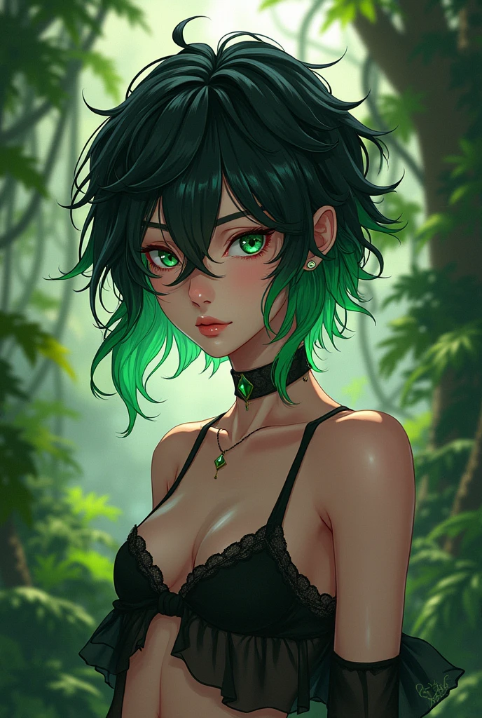 Female anime boy with short hair green and black locks of hair rough and wild jungle