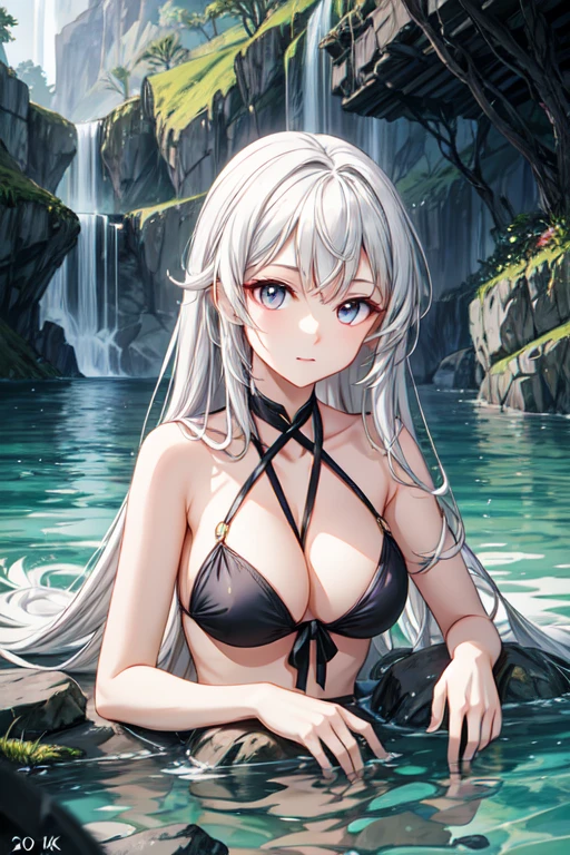 Anime girl with long white hair and colorful eyes lying down on a rock., Shy girl, Girl with white hair, 2K anime style, anime art wallpaper 4k, anime art wallpaper 2k, anime art wallpaper 2k, beautiful animated portrait, beautiful anime girl, 2k anime wallpaper, anime girl portrait, beautiful anime woman, bikini, waterfall in the background, birds flying, Not too close