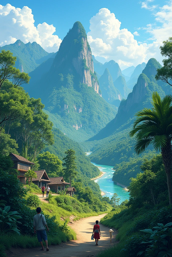  A picture of a beautiful landscape of the Philippines, with trees, rivers, mountains, and people living in harmony with nature. (drawing)