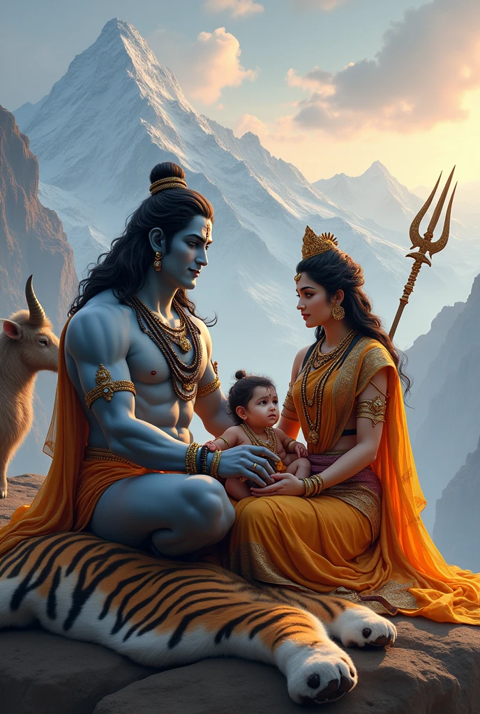 "Illustrate a peaceful and divine scene of Lord Shiva with his family. He should be sitting on a tiger skin with Goddess Parvati by his side, holding baby Ganesha in her lap. Kartikeya, their other son, should be standing beside them with a spear in hand. The image should convey warmth and affection, with Mount Kailash in the background and Nandi the bull sitting nearby."